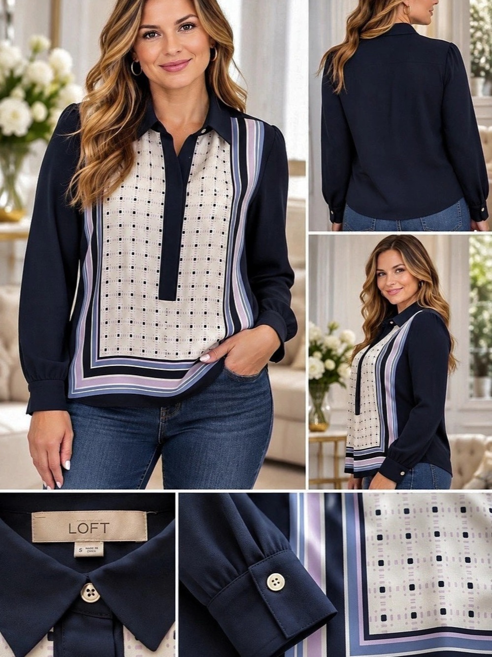 LOFT Geometric Blouse in Blue & Pink Small